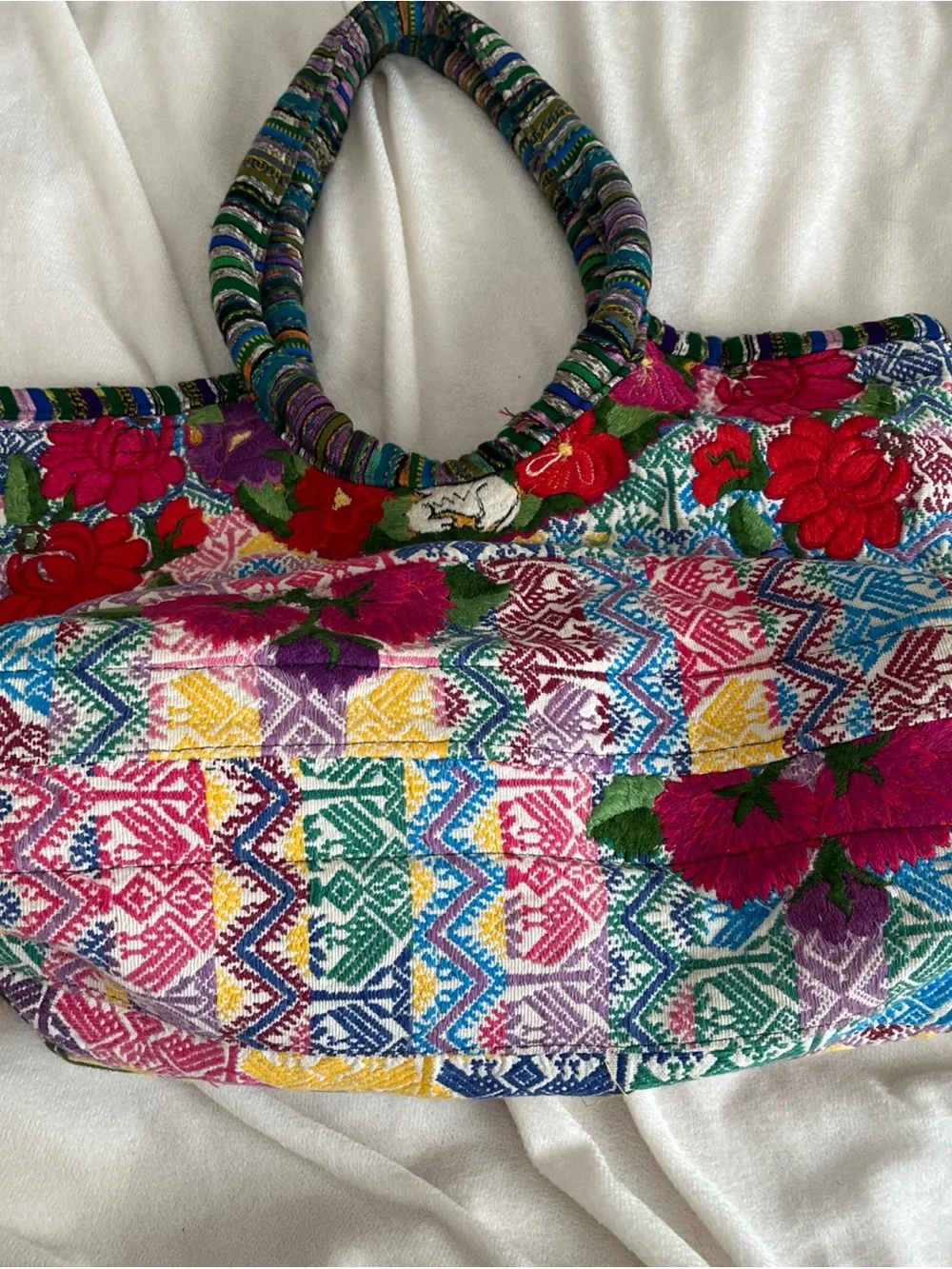 Floral Embroidered Huipil Shoulder Tote Bag Multi Color Boho Hippie Festival